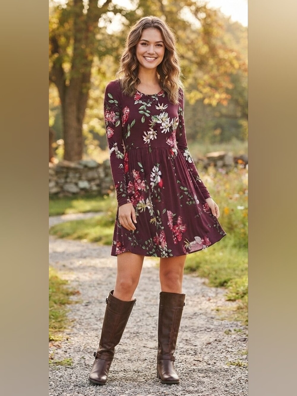 Floral Long Sleeve Skater Dress in Burgundy
